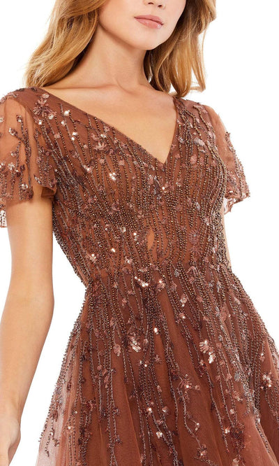 Mac Duggal - 20304 Short Sleeve Beaded A-Line Dress In Brown