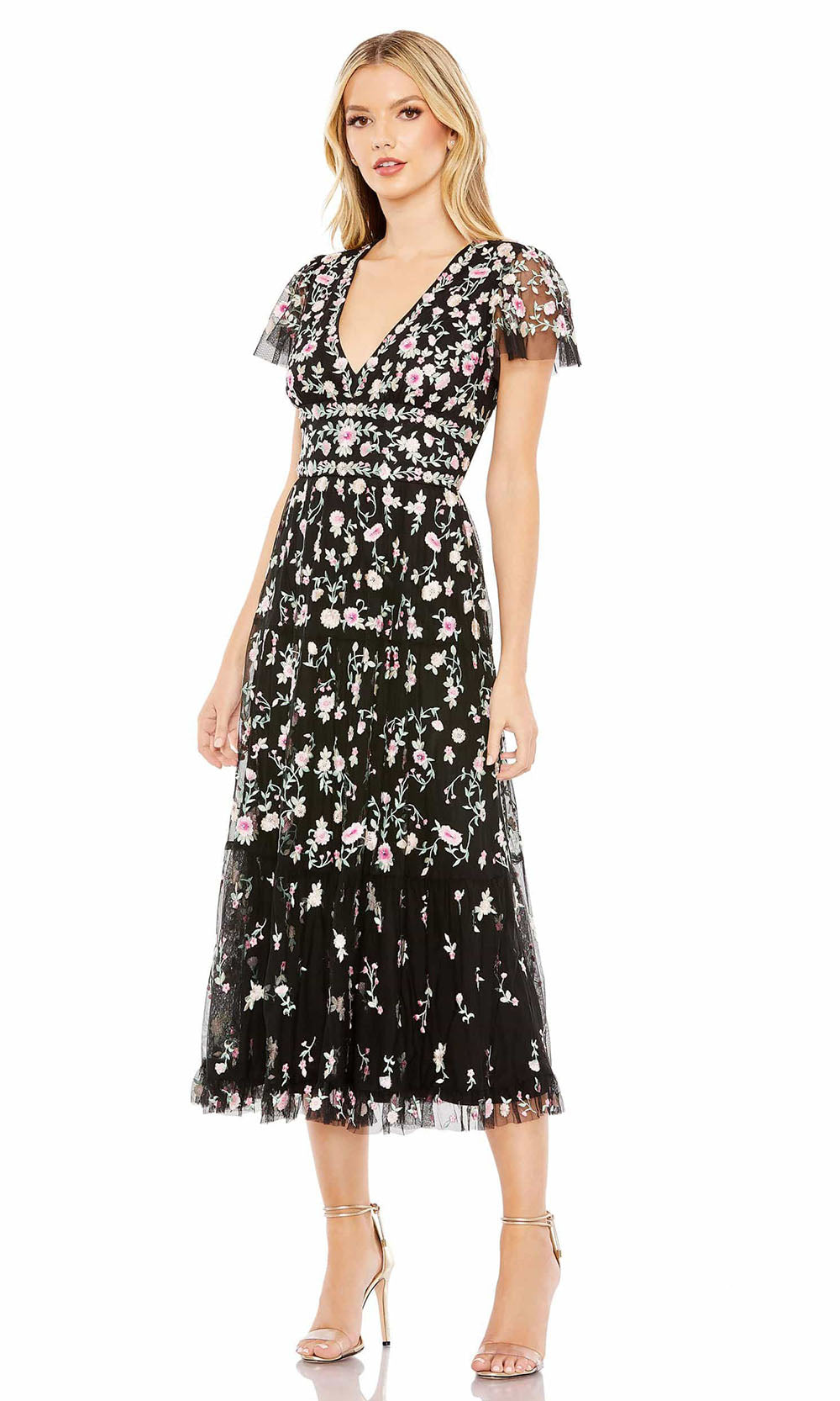 Mac Duggal - 35104 Short Sleeve Floral Lace Dress In Black and Multicolor