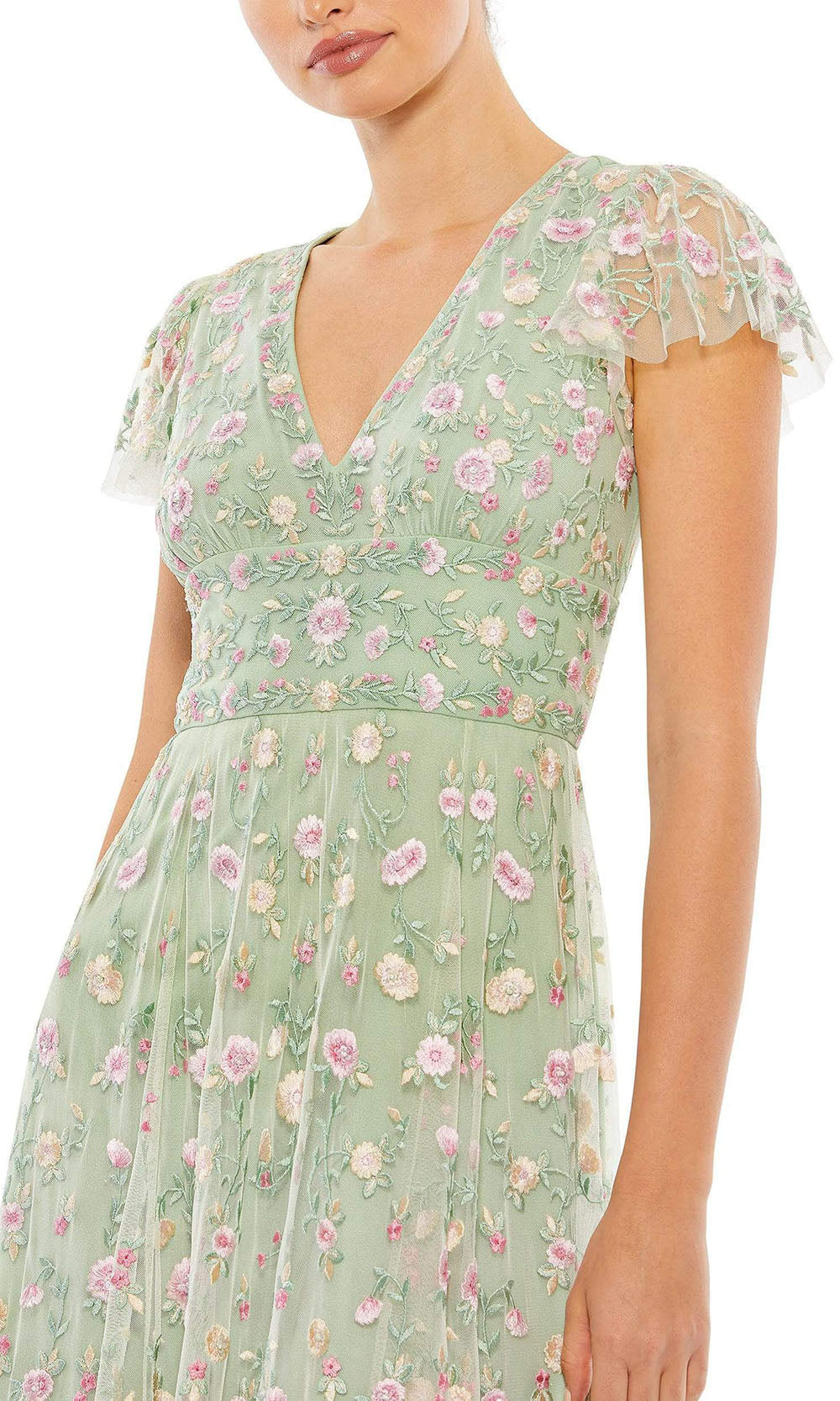 Mac Duggal - 35104 Short Sleeve Floral Lace Dress In Green