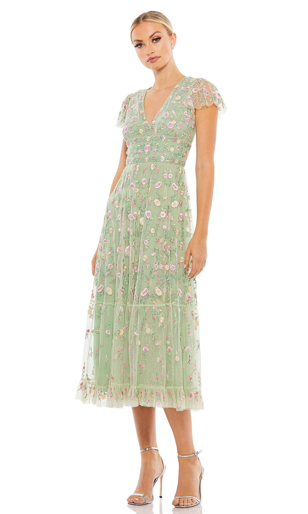 Mac Duggal - 35104 Short Sleeve Floral Lace Dress In Green