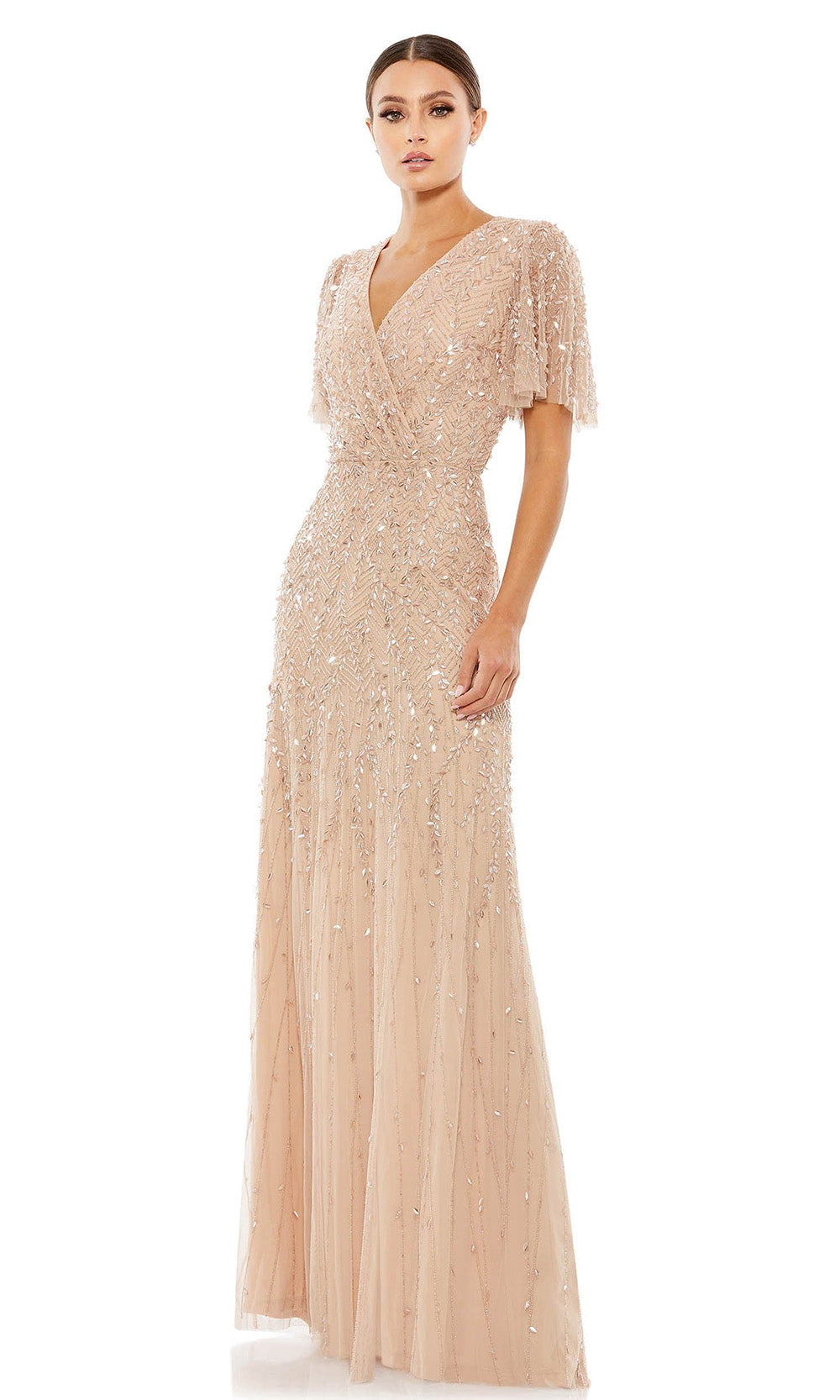 Mac Duggal - 35109 Flutter Sleeve Beaded Gown In Champagne & Gold