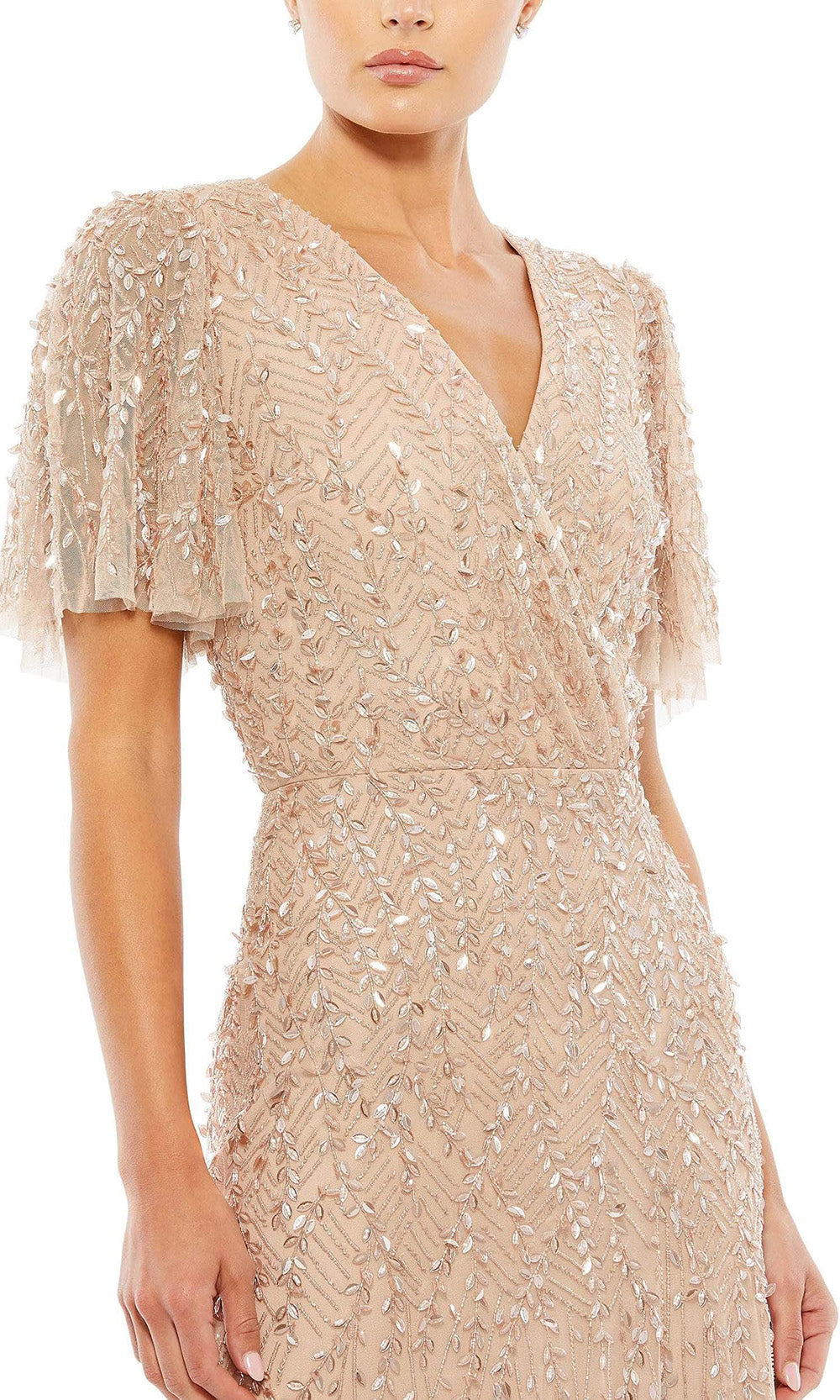 Mac Duggal - 35109 Flutter Sleeve Beaded Gown In Champagne & Gold