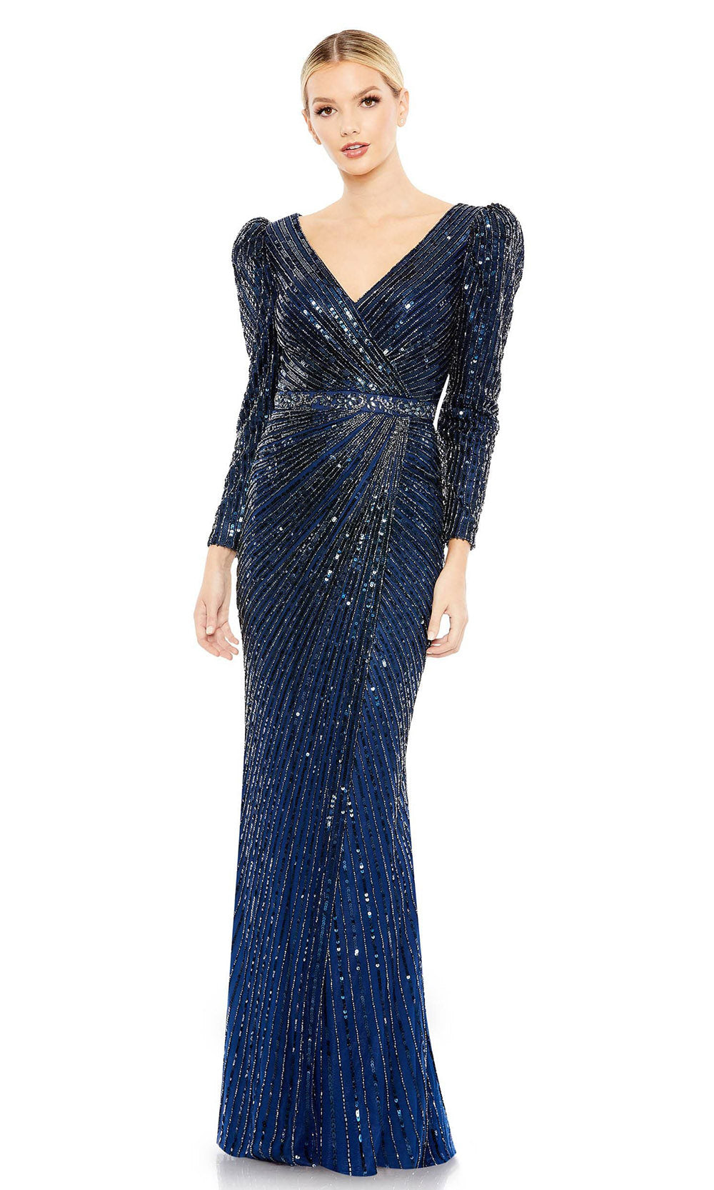 Mac Duggal - 41024 Embellished Long Sleeve Evening Gown In Black and Blue