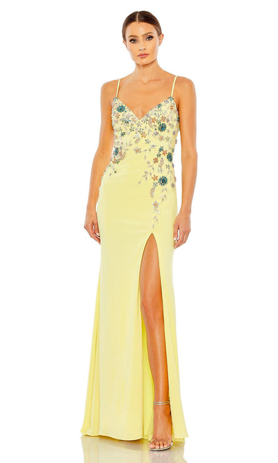 Mac Duggal - 42006 Floral Beaded Gown With Slit In Yellow and Multi-Color