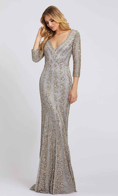 Mac Duggal - 4247D Fully Beaded V-Neck Sheath Evening Gown In Silver & Gray