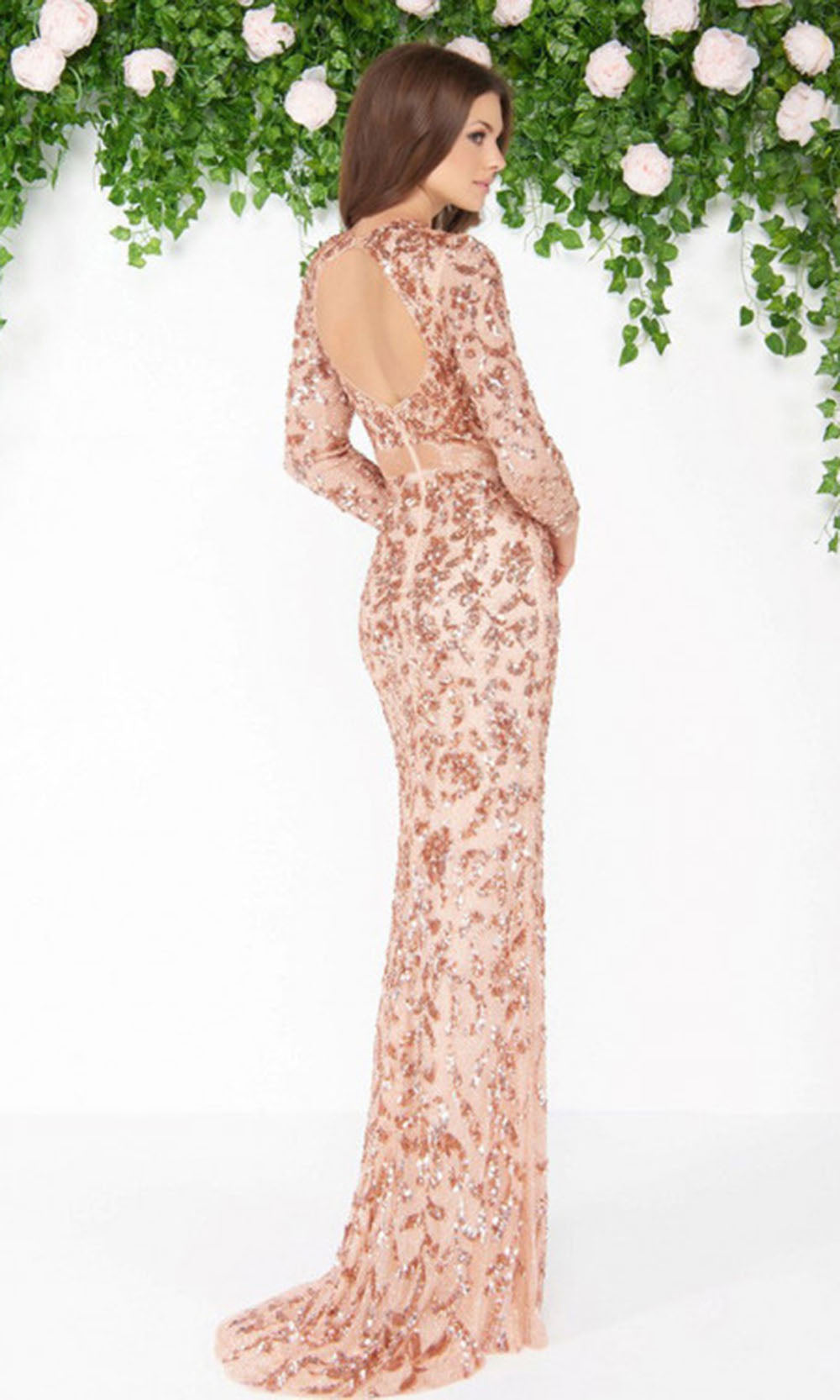 Mac Duggal - 4316D Long Sleeve Fully Embellished Column Gown In Champagne & Gold