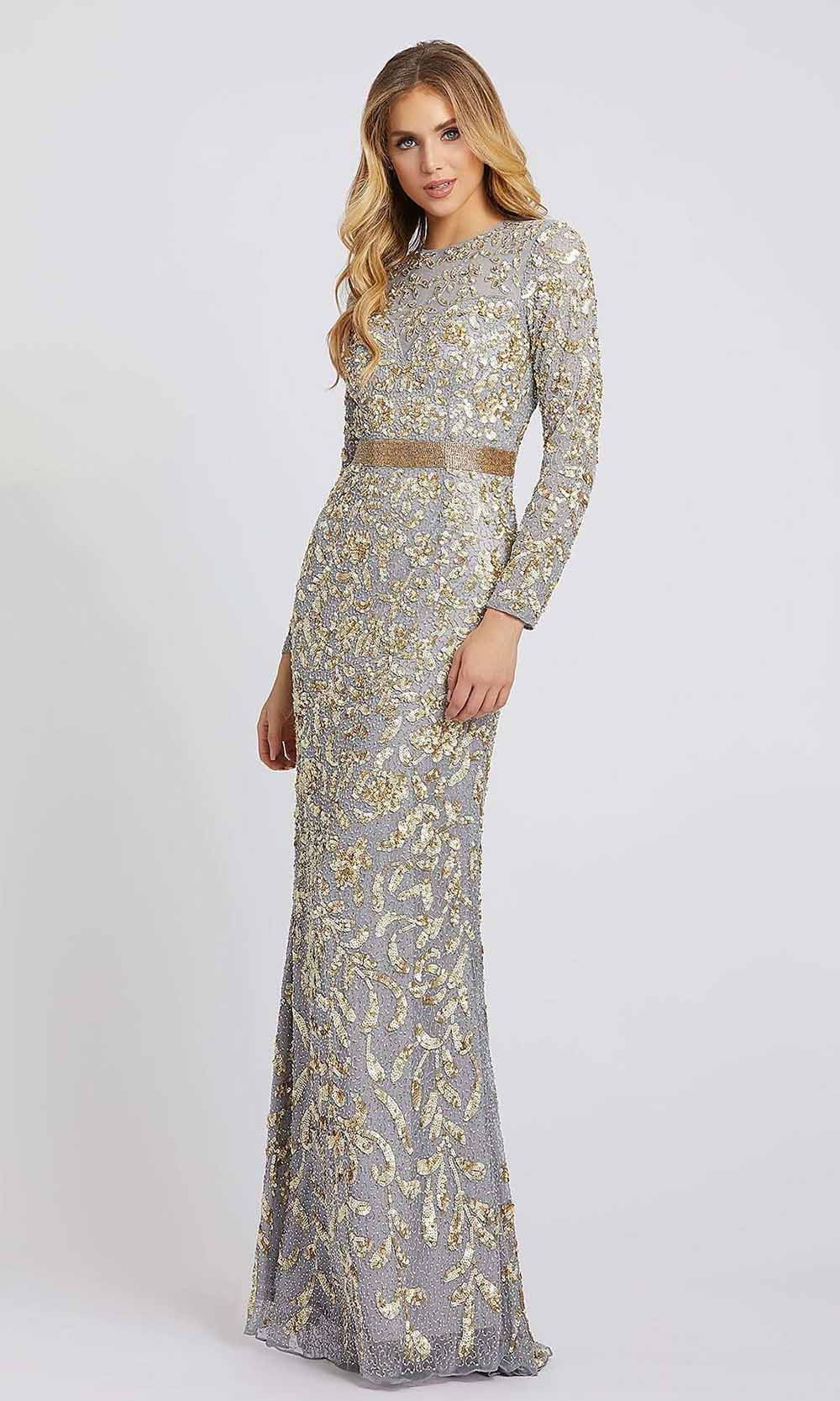 Mac Duggal - 4316D Long Sleeve Fully Embellished Column Gown In Silver & Gray