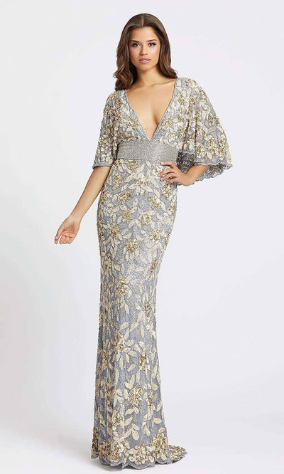 Mac Duggal - 4574D V-Neck Cape Sleeve Embellished Gown In Silver & Gray