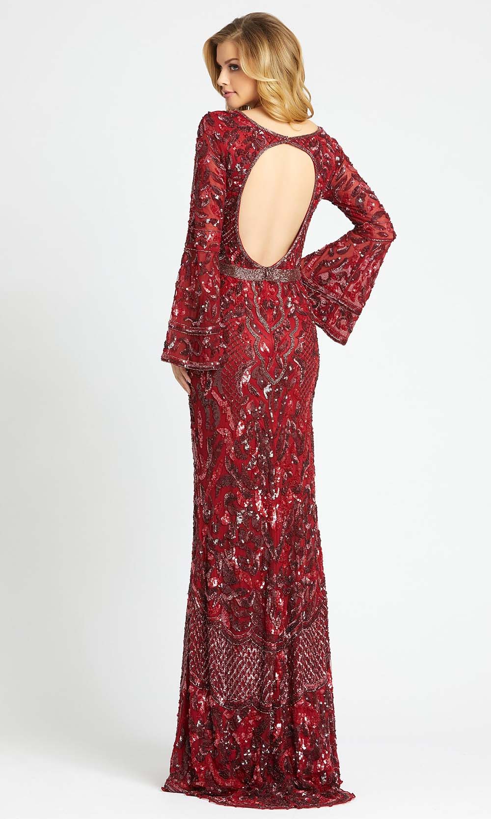 Mac Duggal - 4576D Bell Sleeve Fully Embellished Sheath Evening Gown In Burgundy