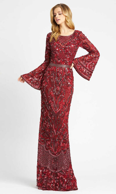 Mac Duggal - 4576D Bell Sleeve Fully Embellished Sheath Evening Gown In Burgundy