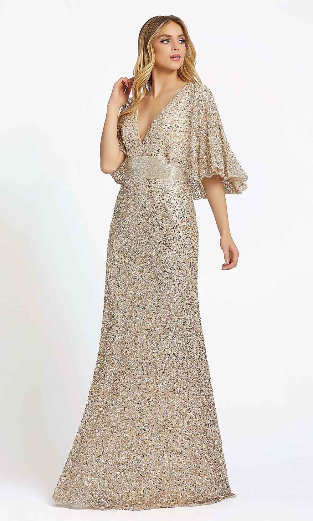 Mac Duggal - 4808D Full Sequins Capelet Sleeve Evening Gown In Champagne & Gold