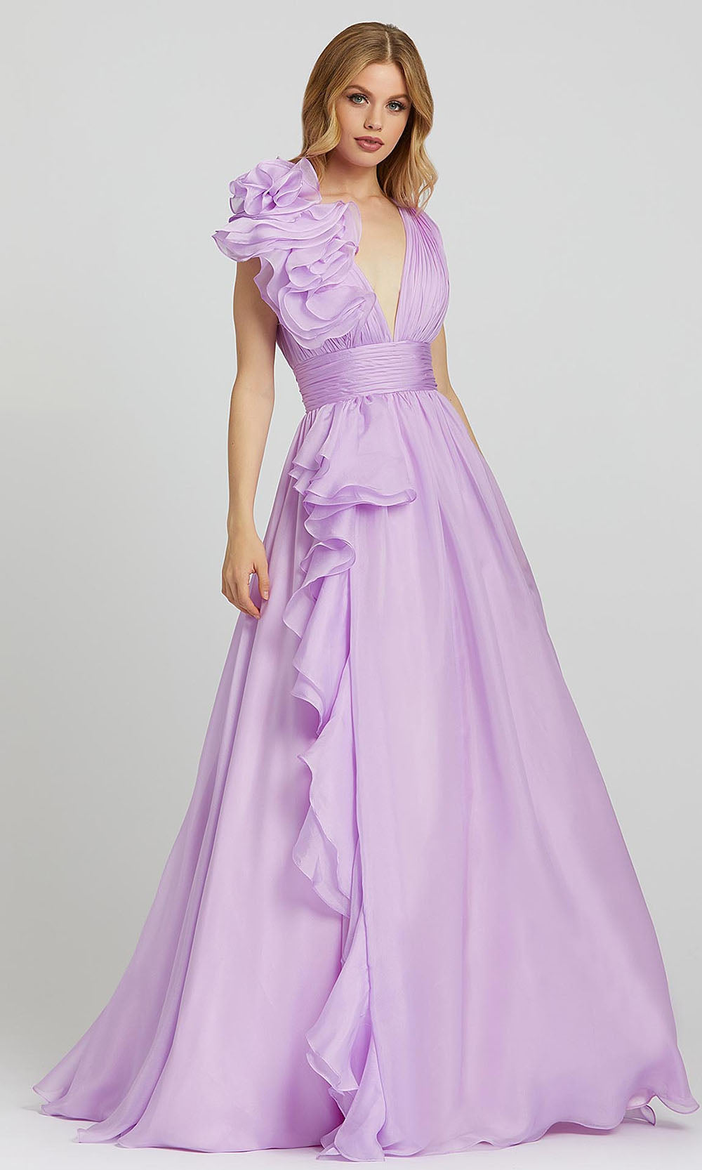 Mac Duggal - 48856H Plunged V-Neck Ruffle Accent A-Line Gown In Purple