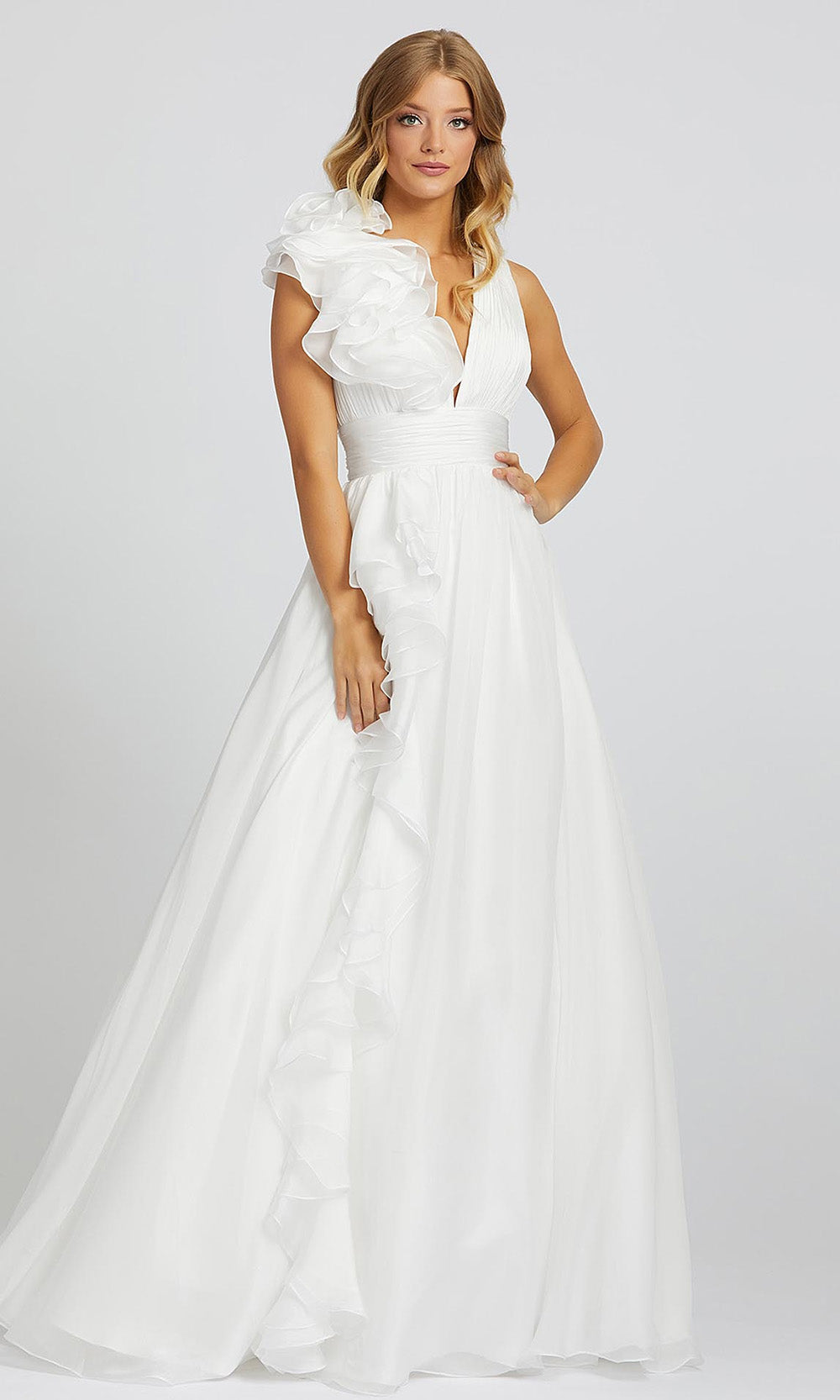 Mac Duggal - 48856H Plunged V-Neck Ruffle Accent A-Line Gown In White & Ivory