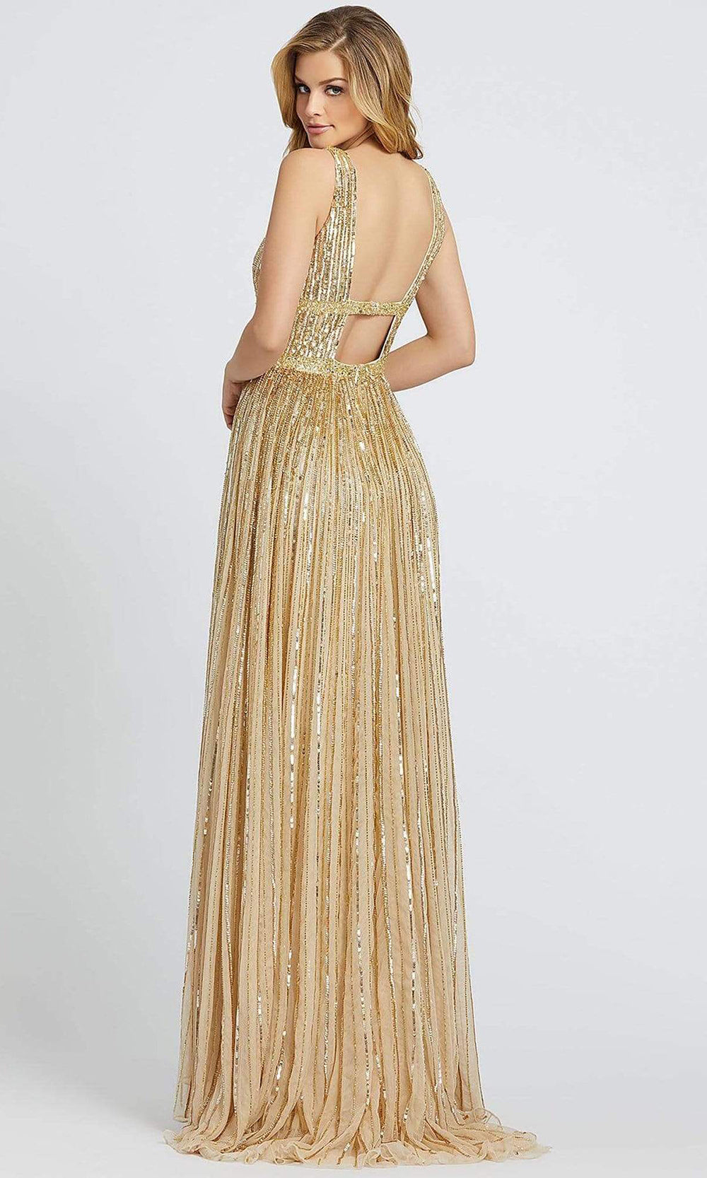 Mac Duggal - 4906A Sleeveless V-Neck Sequin A-Line Gown In Champagne & Gold