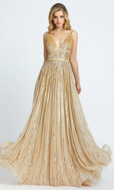 Mac Duggal - 4906A Sleeveless V-Neck Sequin A-Line Gown In Champagne & Gold