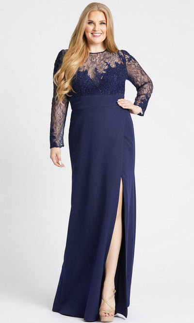 Mac Duggal - 49173F Long Sleeve Sheer Lace Slit Gown In Blue