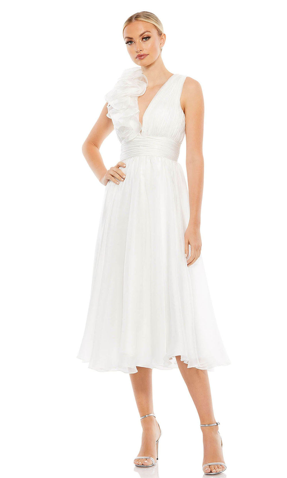 Mac Duggal - 49494 Plunging V-Neck Tea Length Dress In White