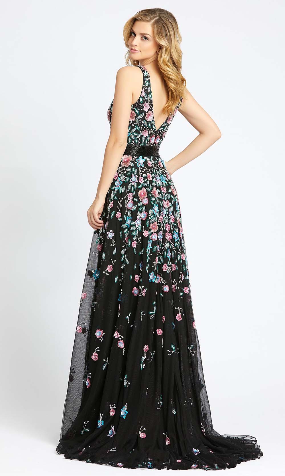 Mac Duggal - 4983A Long Floral Sequined A-Line Gown In Black