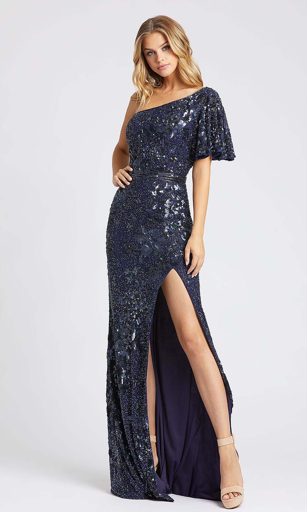 Mac Duggal - 4986A Sequined One Shoulder High Slit Gown In Blue