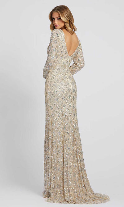 Mac Duggal - 5021D Long Sleeve Beaded Trumpet Gown In Champagne &  Gold