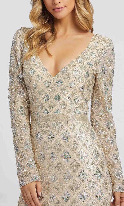 Mac Duggal - 5021D Long Sleeve Beaded Trumpet Gown In Champagne &  Gold