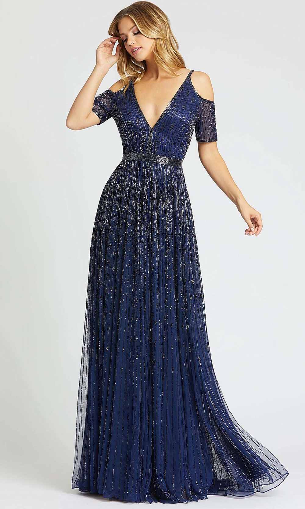 Mac Duggal - 5175A Beaded Cold Shoulder A-Line Gown In Blue