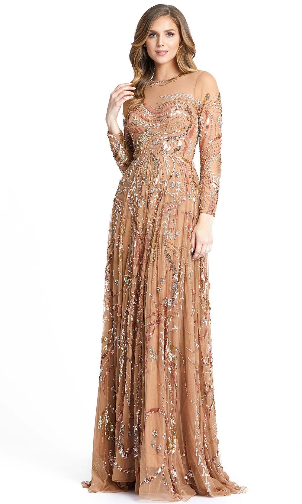 Mac Duggal - 5217D Fully Embellished Long Sleeve A-Line Evening Gown In Brown