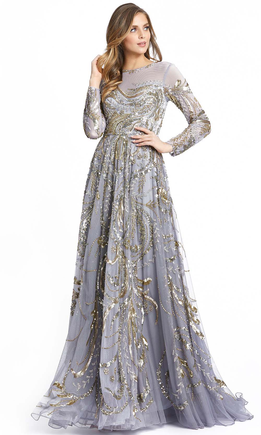 Mac Duggal - 5217D Fully Embellished Long Sleeve A-Line Evening Gown In Silver and Gray