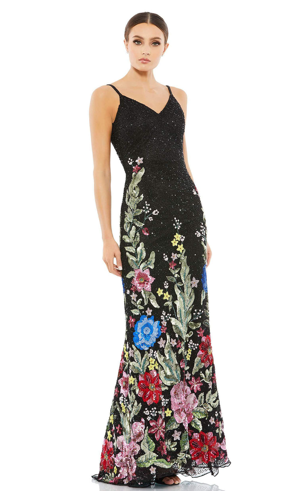Mac Duggal - 5475 Sleeveless Floral Embellished Gown In Black and Multicolor