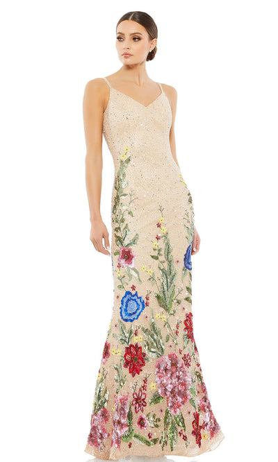 Mac Duggal - 5475 Sleeveless Floral Embellished Gown In Neutral and Multicolor
