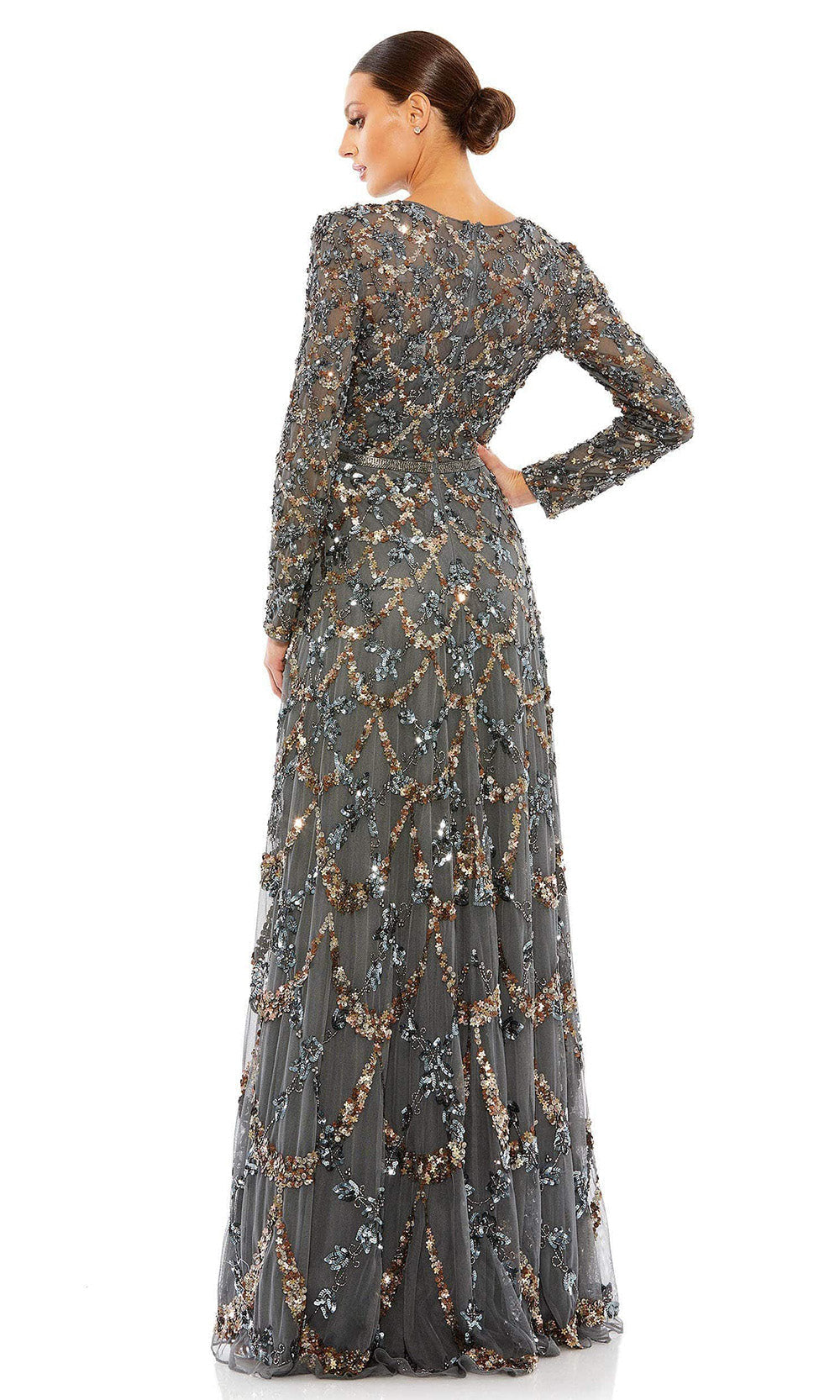 Mac Duggal - 5496 Lattice Sequined Long Gown In Gray