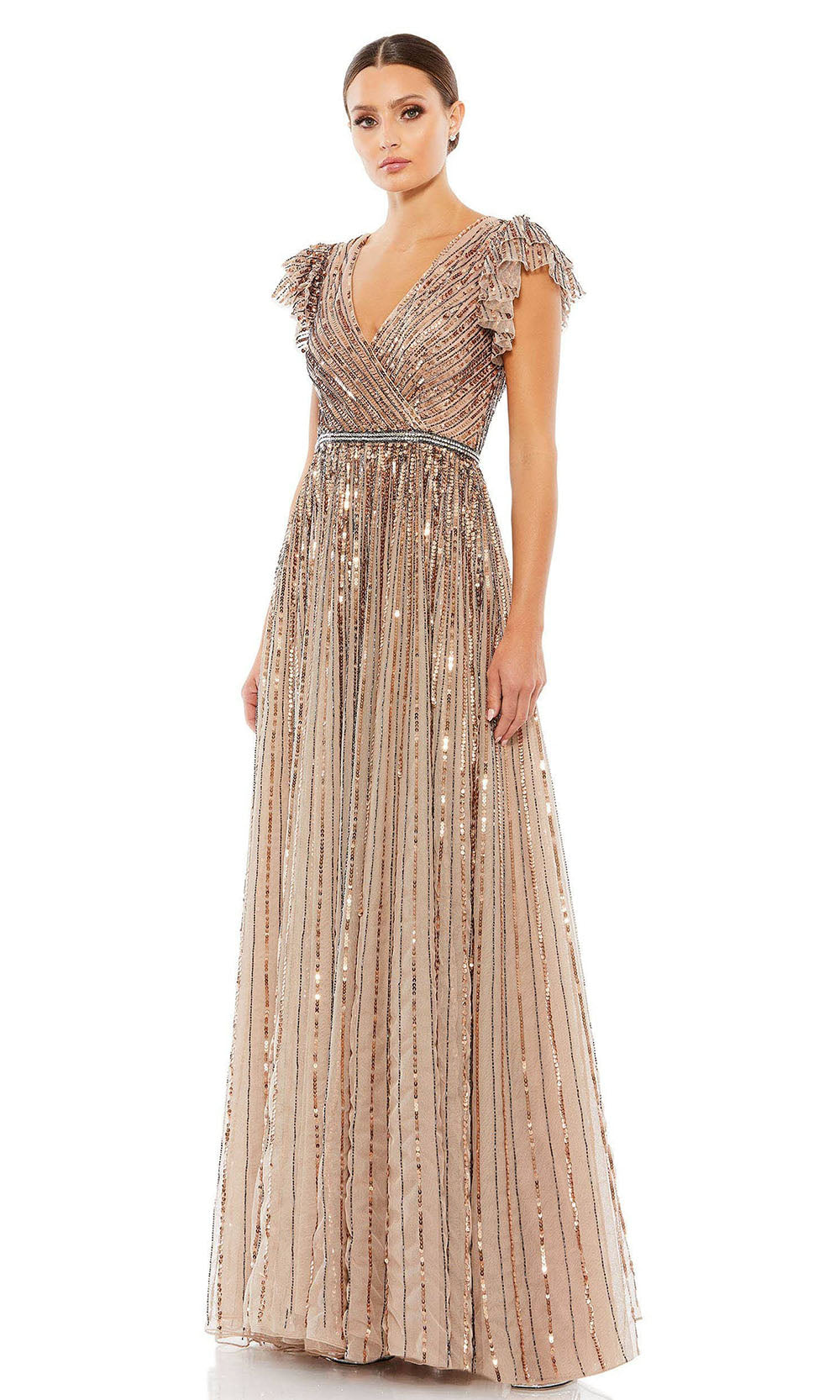 Mac Duggal - 5502 Sequined V-Neck A-Line Dress In Brown