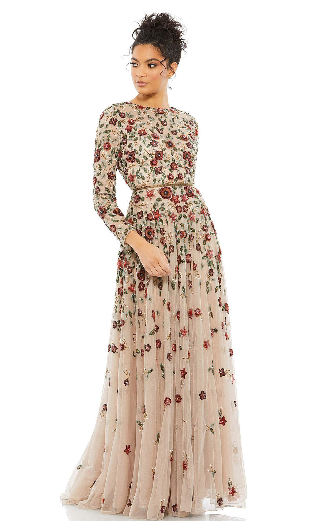 Mac Duggal - 5533 Floral Long Sleeve Evening Gown In Brown and Multicolor