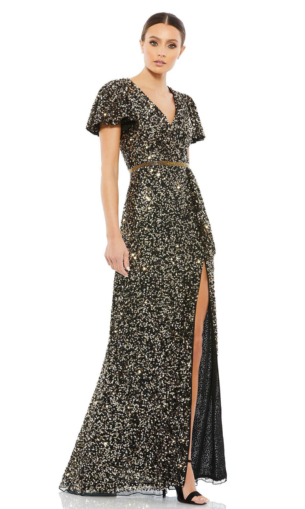 Mac Duggal - 5540 Short Sleeve Sequined Gown In Black and Gold