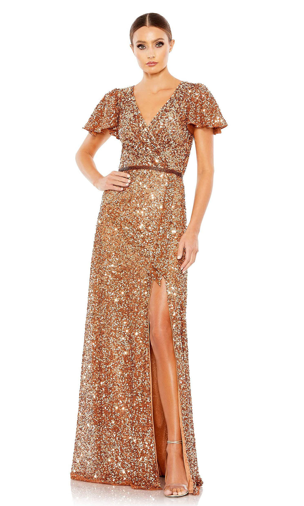 Mac Duggal - 5540 Short Sleeve Sequined Gown In Brown and Gold