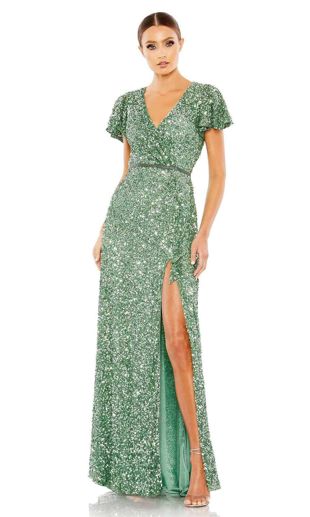 Mac Duggal - 5540 Short Sleeve Sequined Gown In Green