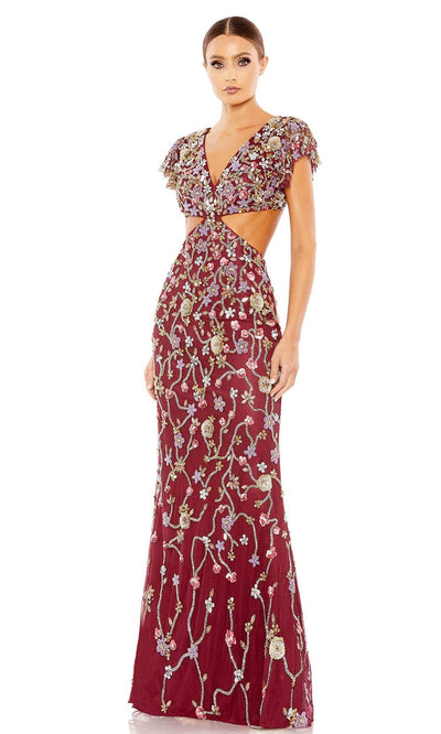 Mac Duggal - 5564 Floral Midriff Cutout Gown In Red and Multi-Color