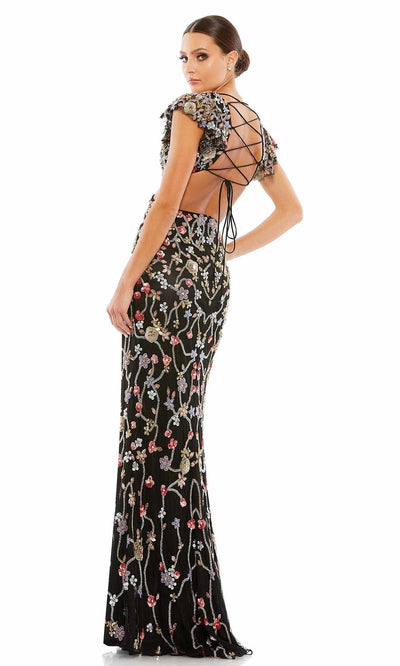 Mac Duggal - 5564 Floral Midriff Cutout Gown In Black and Multi-Color