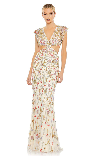 Mac Duggal - 5564 Floral Midriff Cutout Gown In Neutral and Multi-Color