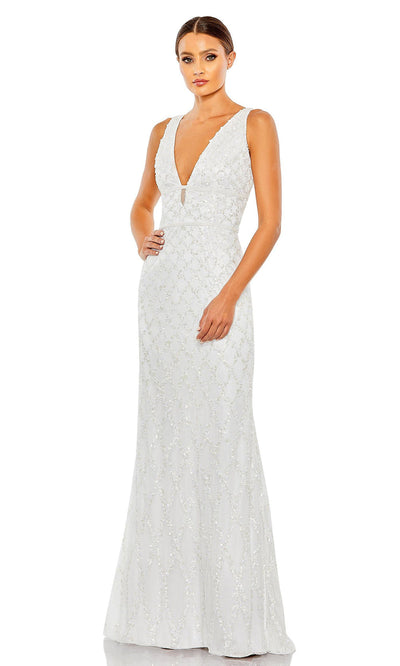 Mac Duggal - 5669 Sleeveless V-Back Sequin Long Gown In White