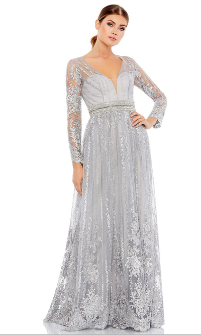 Mac Duggal - 66591D Embroidered Plunging V Neck A-Line Gown In Silver