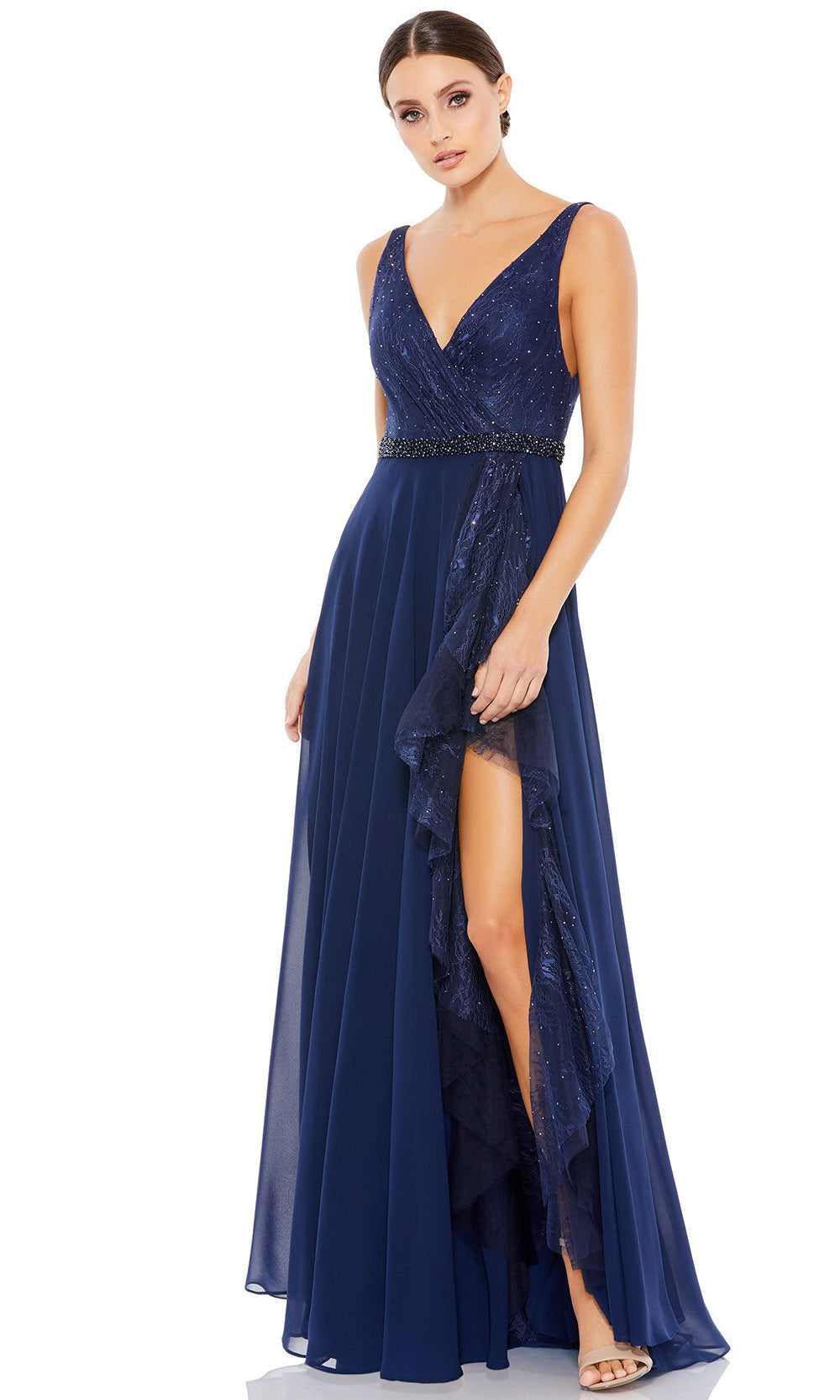 Mac Duggal - 67482D Lace Accented Chiffon Flowy Dress In Blue