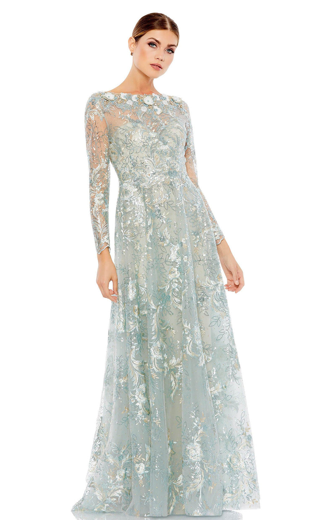 Mac Duggal - 67498 Floral Long Sleeve A-Line Gown In Blue