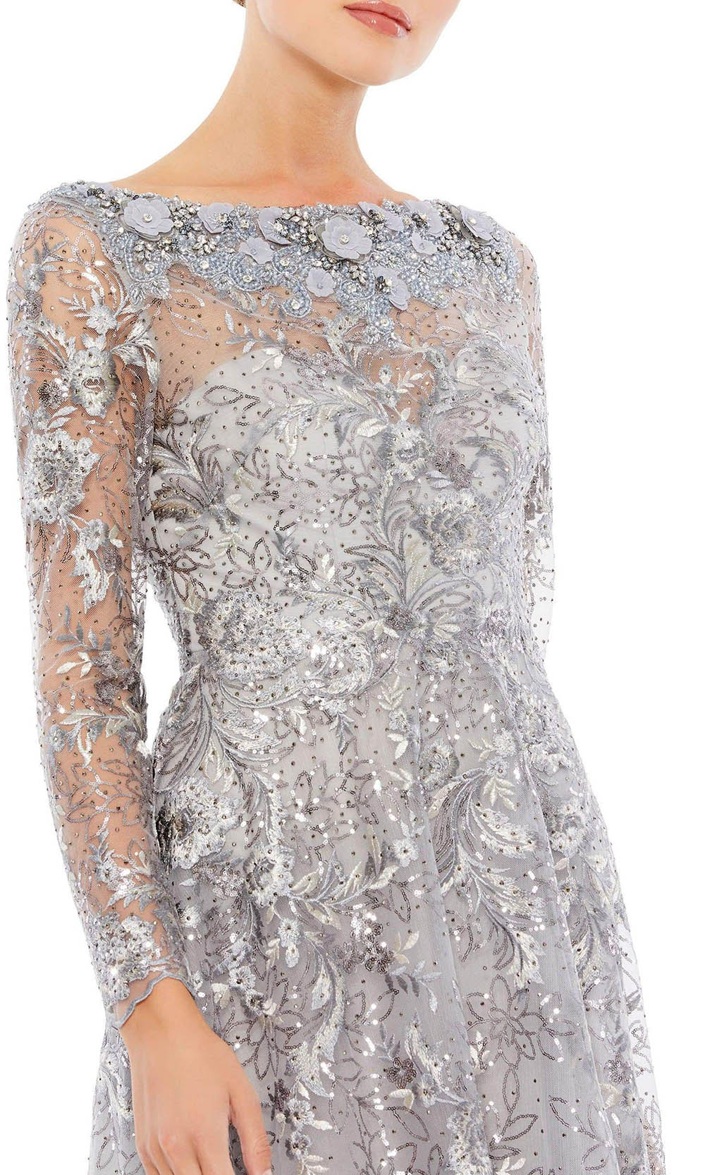Mac Duggal - 67498 Floral Long Sleeve A-Line Gown In Silver