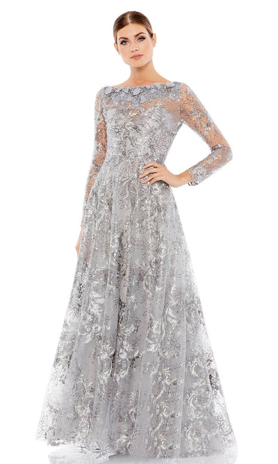 Mac Duggal - 67498 Floral Long Sleeve A-Line Gown In Silver