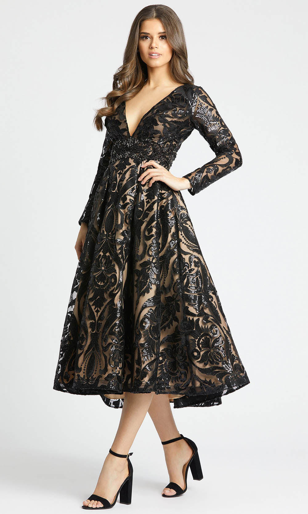 Mac Duggal - 67529D Plunging Neck Embellished Tea Length In Black