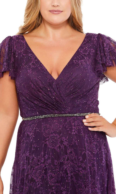 Mac Duggal - 67761F Lace Allover V Neck Long Dress In Purple