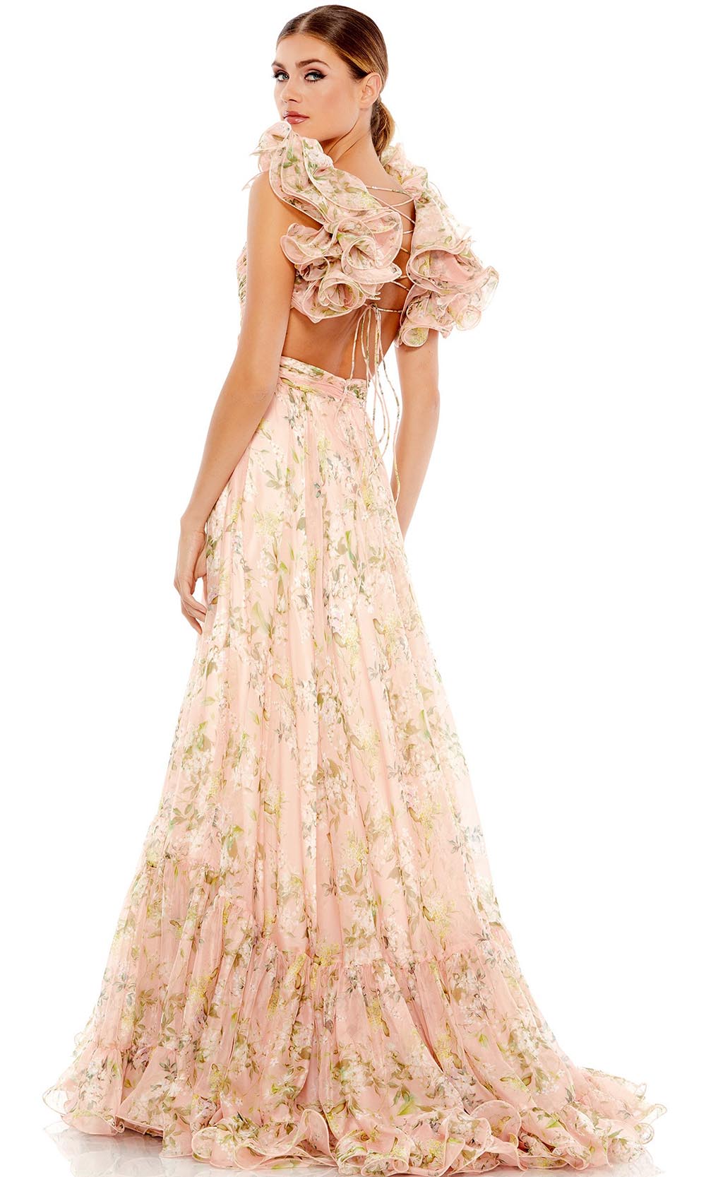 Mac Duggal - 67803M Open Back Ruffled Floral Flowy Dress In Pink
