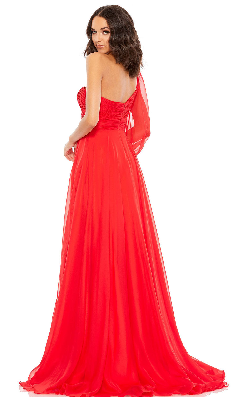 Mac Duggal - 67810D Bishop Sleeve Asymmetric Slit Gown In Red