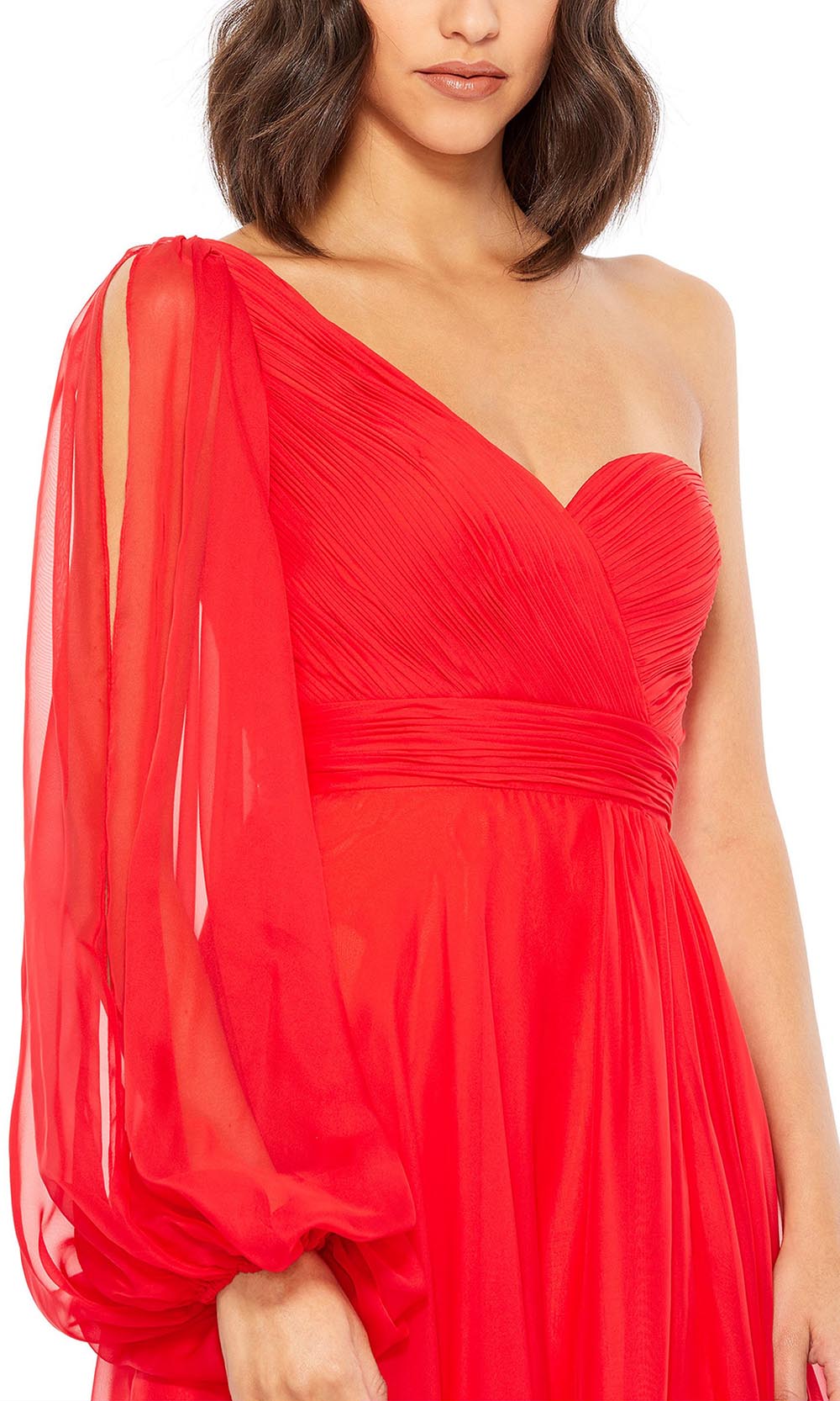 Mac Duggal - 67810D Bishop Sleeve Asymmetric Slit Gown In Red